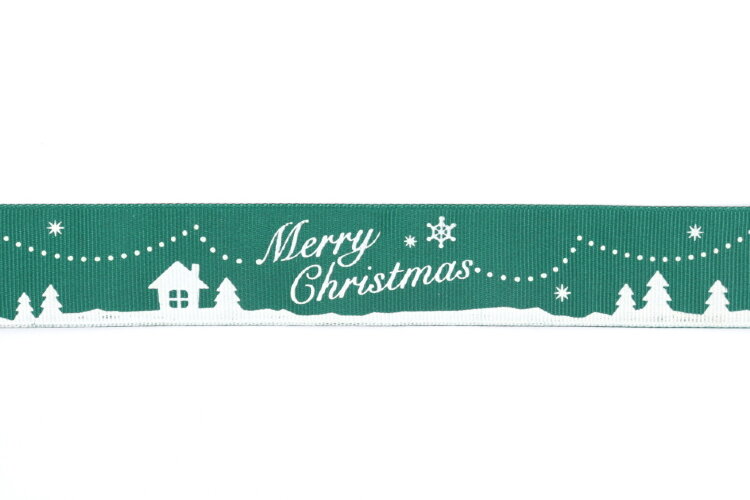 Лента репс 32мм, елка, снежинка, гирлянда, Merry Christmas белые на зеленом, 1м (4994)