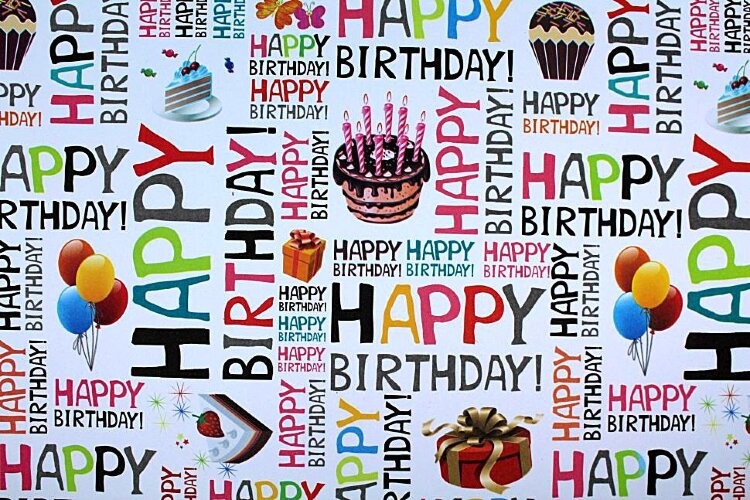 Бумага с рисунком, Happy Birthday, на белом,  51х75см, 80г/м2, п/глянц (6943)