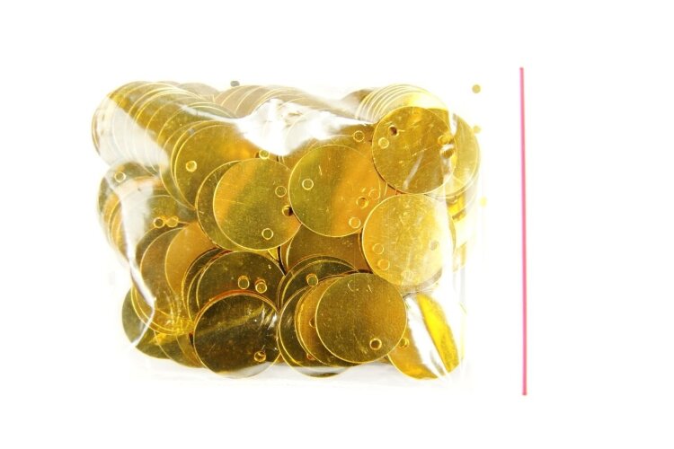 Пайетки, круг 12мм, ровный, глянец, отверстие вверху, золотой, 10г (Е5764)