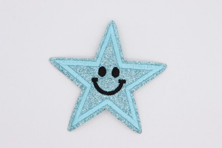 Термоаппликация, звезда смайлик, 7.5см, блеск, голубая (5682)