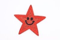 Термоаппликация, звезда смайлик, 7.5см, блеск, красная (5682)