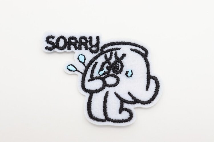 Термоаппликация, ладонь-смайлик, извини sorry, 4х4см, белый (01582)