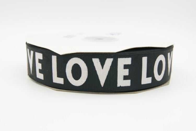 Лента репс 25мм, черная с белым текстом "Love", 1м (Е3070)